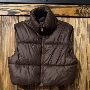 Cropped Brown Puffer Vest with High Collar